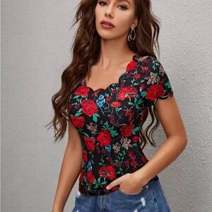 SHEIN Floral Print Women's Top - Red and Blue